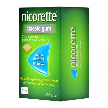 Nicorette Classic Gum, 2 mg, guma do żucia, 105 szt., rzucanie palenia